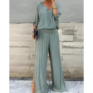 Damesoutfitset – Blouse met V-hals – Wijde mouwen – Comfortabele broek