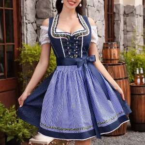 3-delige dirndl in blauw – Oktoberfest | Klassieke klederdrachtset met schort en blouse
