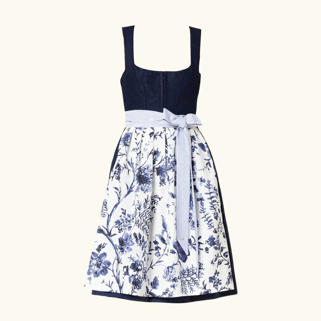 Dirndljurk met blauw bloemenpatroon – Oktoberfest | Romantische klederdracht met schort - Afbeelding 3