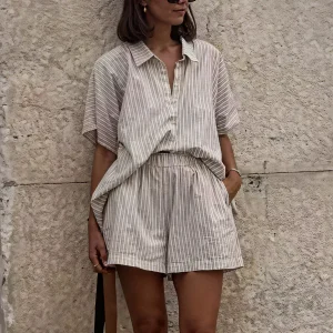 Dames Tweedelige Set - Gestreept Ontwerp, Lichtgewicht - Button-Down Top, Relaxed Fit