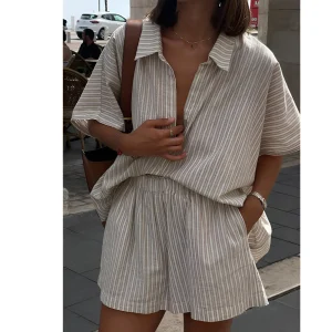 Linnen damesoutfit - klassieke kraag - elastische taille - zomerse stijl