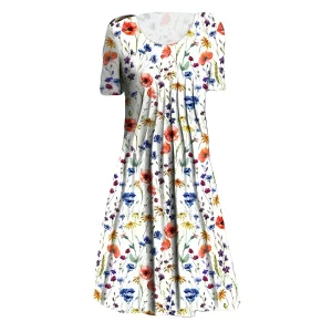 Dames midi-jurk – Bloemenprint – Ademende stof – Met zakken