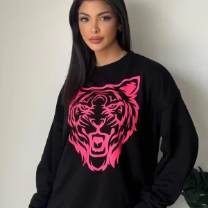 Zwarte Sweater – Neon Roze Tijger – Onesize